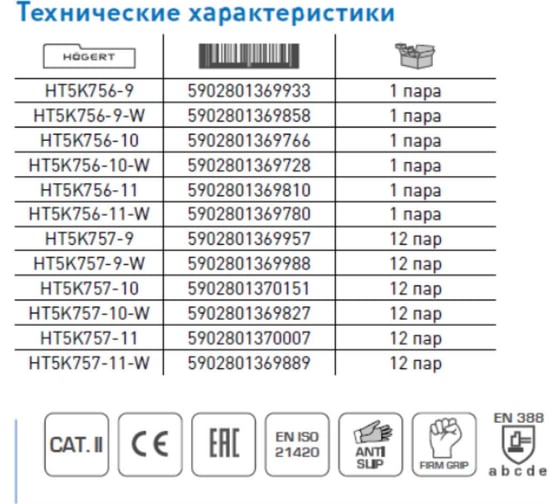 Перчатки рабочие с полиуретановым покрытием HOEGERT TECHNIK JAGST размер 10, 12 пар HT5K757-10-W