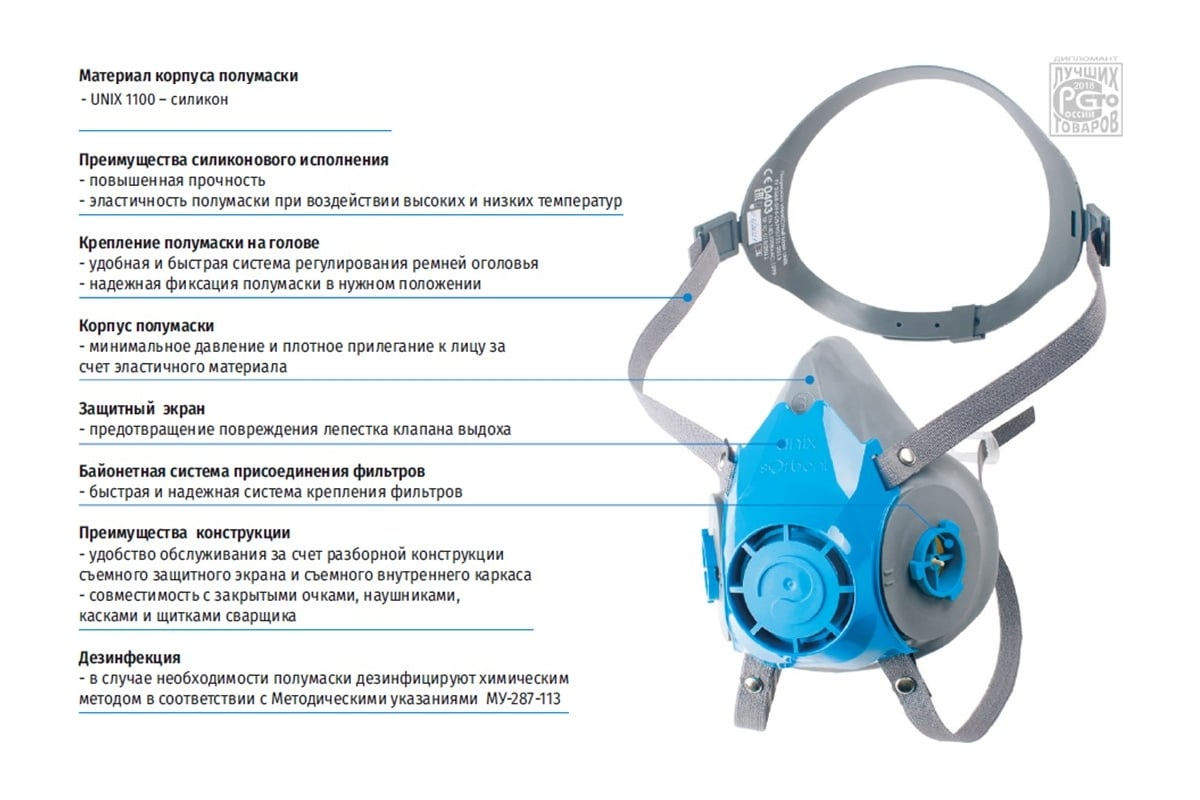 Полумаска изолирующая UNIX 1100 2 рост 102-025-0005 - выгодная цена,  отзывы, характеристики, 3 видео, фото - купить в Москве и РФ