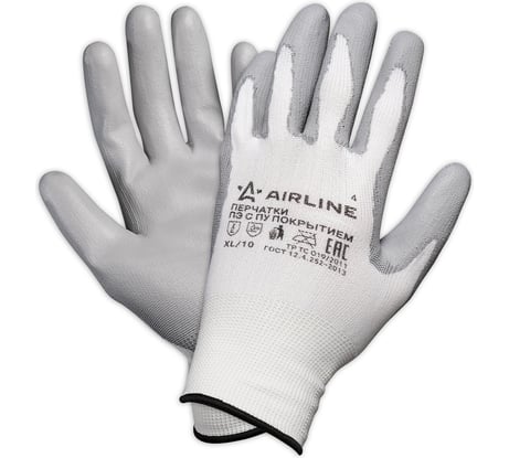 Полиэфирные перчатки с цельным ПУ покрытием ладони с подвесом Airline р.XL, белый/серый AWG-N-02