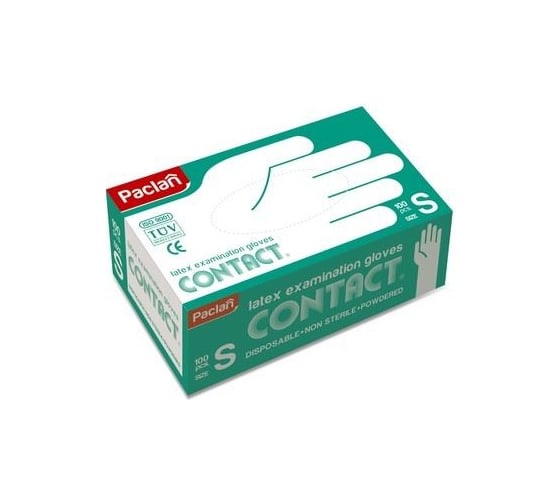 Латексные опудренные перчатки PACLAN Contact, комплект 50 пар, размер S малый, 604085