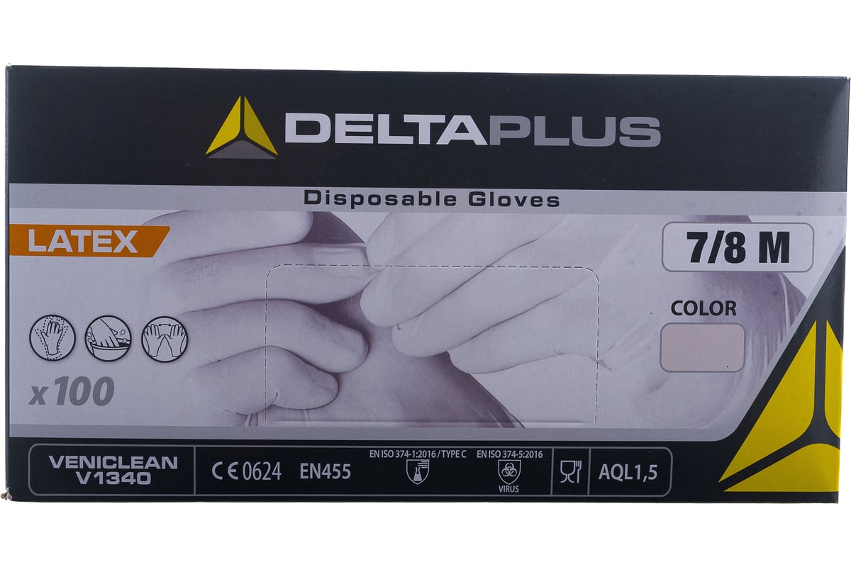Латексные перчатки Delta Plus V1340, без напыления, р. 8, 100 перчаток ...