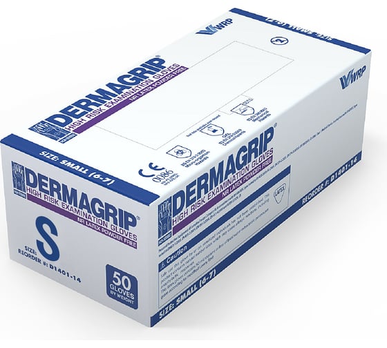 Смотровые латексные перчатки DERMAGRIP HIGH RISK 50 штук, размер S CT0000000685