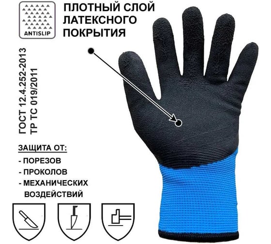 Утепленные перчатки Master-Pro ХАНТЫ (КОГАЛЫМ) 10 пар, махровые акриловые с рельефным латексным покрытием 3/4, 10 размер, 10120-AQL-B-10-10