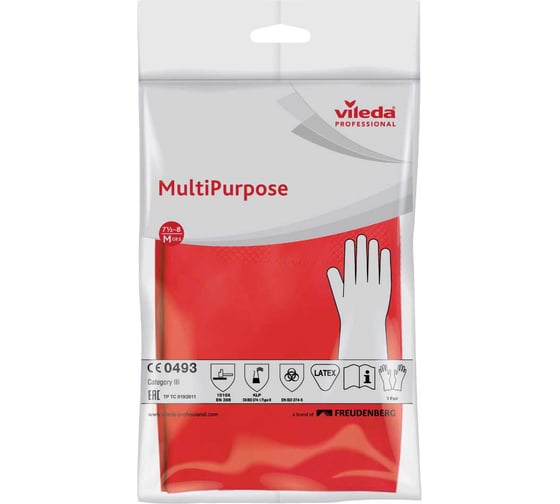 Перчатки резиновые многоцелевые Vileda Professional M, красный, арт. 8005/100750/100153 7308
