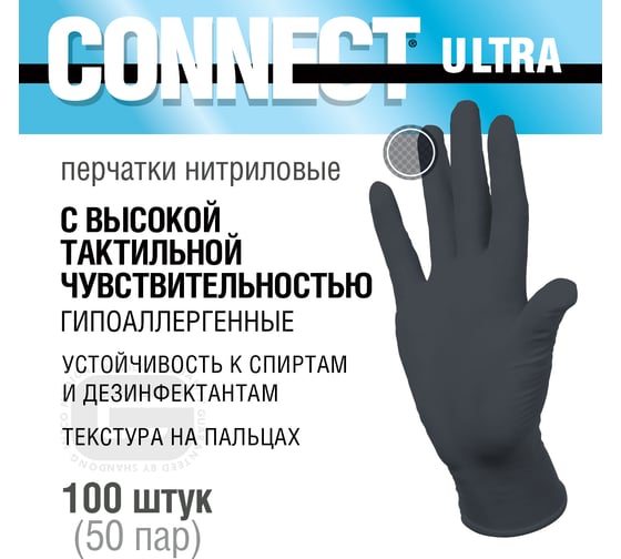 Перчатки CONNECT ULTRA нитриловые неопудренные черного цвета 100 шт, размер M CT0000005661