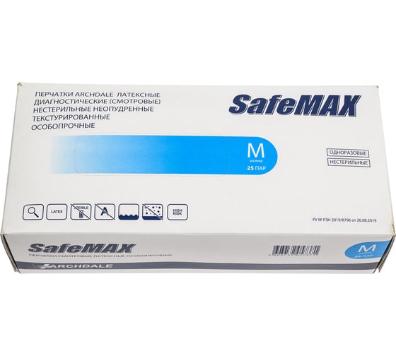 Перчатки смотровые ARCHDALE SafeMAXБлок  особопрочные латексные неопудренные, синие, 18 г, р M, 25 пар B401M