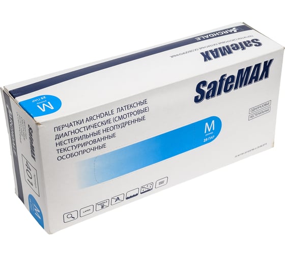 Перчатки смотровые ARCHDALE SafeMAXБлок  особопрочные латексные неопудренные, синие, 18 г, р M, 25 пар B401M
