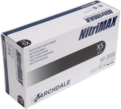Перчатки смотровые неопудренные ARCHDALE NitriMax нитриловые, черные, 4г, 50 пар, р.XS B784XS