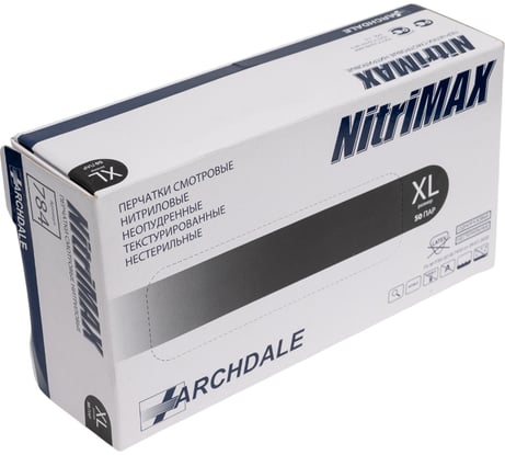 Перчатки смотровые неопудренные ARCHDALE NitriMax нитриловые, черные, 4г, 50 пар, р.XL B784XL