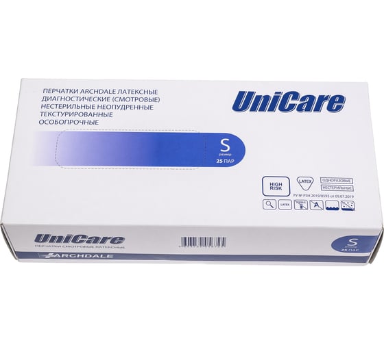 Перчатки смотровые ARCHDALE Блок Unicare особопрочные, латексные, неопудренные, синие, 13 г, р S, 25 пар B172S