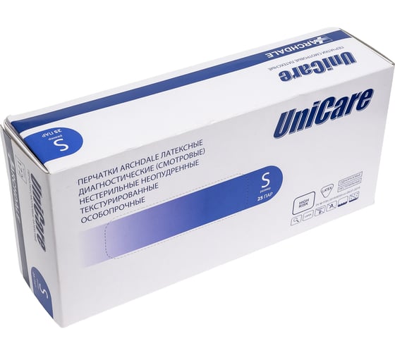Перчатки смотровые ARCHDALE Блок Unicare особопрочные, латексные, неопудренные, синие, 13 г, р S, 25 пар B172S