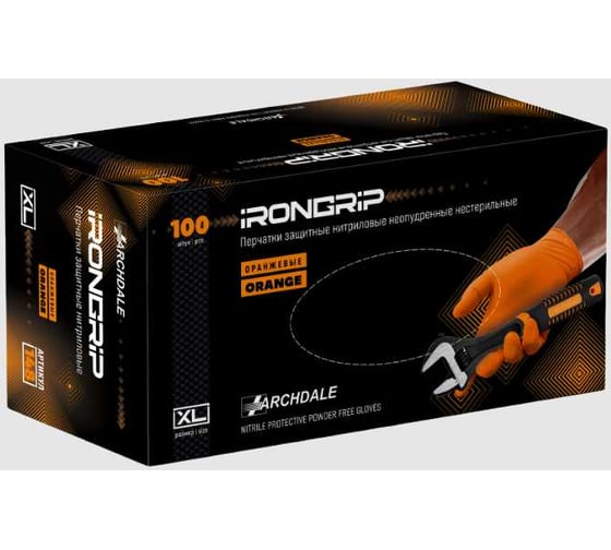 Перчатки защитные ARCHDALE IRONGRIP Блок, нитриловые неопудренные, оранжевые, р XL, 50 пар B148XL