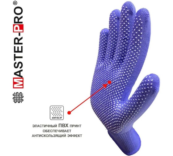 Перчатки рабочие Master-Pro® 1 пара, категория А, МИКРОТАЧ синий, нейлоновые с ПВХ покрытием, размер 9 (M-L), 2513-NPVC-BLUE-M-1