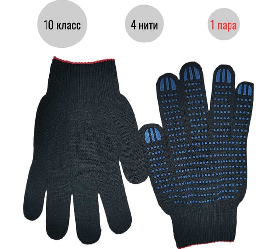Трикотажные перчатки с ПВХ-покрытием ООО Пломба.Ру Точка, 10 класс 4 нити, черные, 1 пара в упаковке, 700028 1