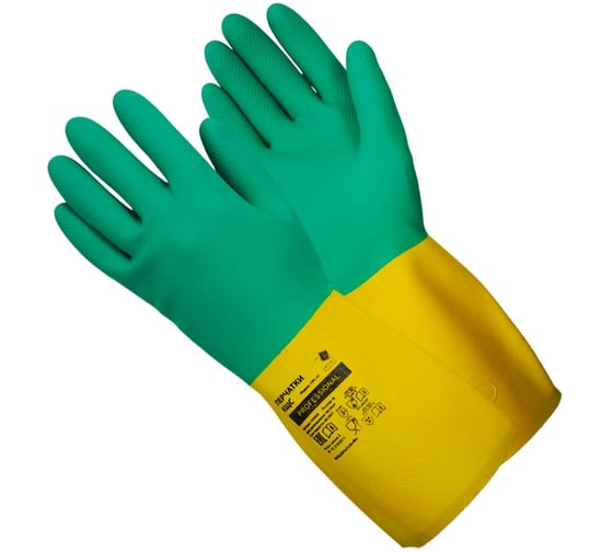 Перчатки ADM латекс+неопрен Professional (KЩС), XL, зеленый+желтый 135072