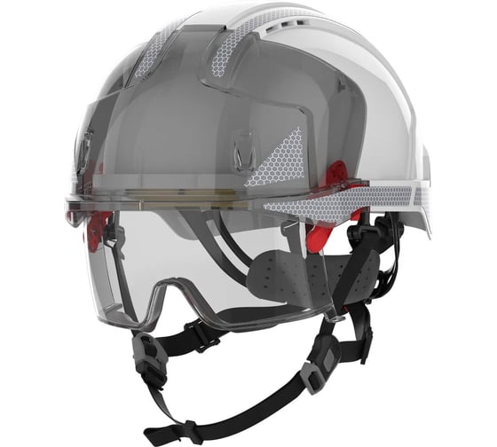 Защитная каска JSP EVO VISTAlens с интегрированными очками, цв. белый + СОП + 4-точечный подбородочный ремешок Baseworker 5038428361736