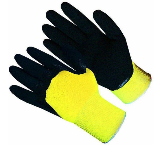Перчатки нейлоновые РосМарка с вспененным латексным покрытием, лимонный/черный, 1/360 (12 шт) Р6201