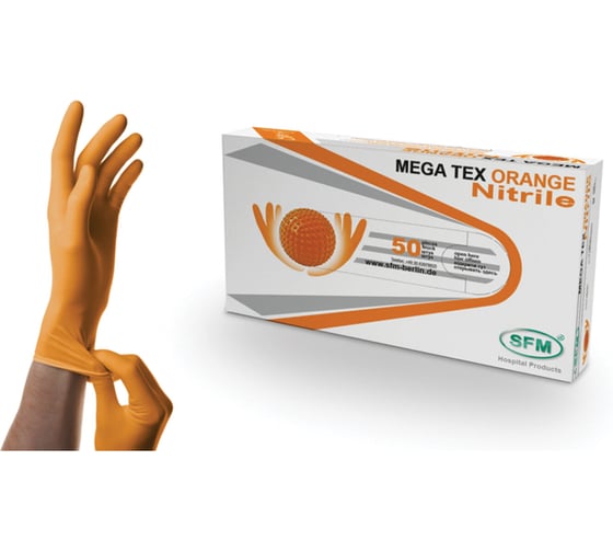 Перчатки нитриловые сверхпроч с текстурой SFM MEGA TEX ORANGE DE 25 пар, р M, ЧЗ, шк3208 702144