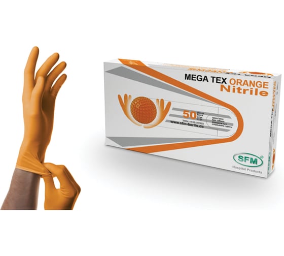 Перчатки нитриловые сверхпроч с текстурой SFM MEGA TEX ORANGE DE 25 пар р.XL, ЧЗ, шк5202 702146