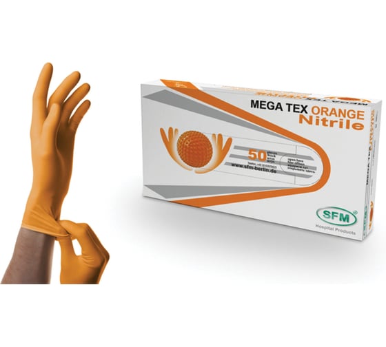 Перчатки нитриловые сверхпроч с текстурой SFM MEGA TEX ORANGE DE 25 пар, р L, ЧЗ, шк4205 702145