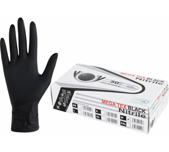 Перчатки нитриловые сверхпрочные с текстурой SFM MEGA TEX BLACK DE 25 пар (50шт) р M (средний) 631401
