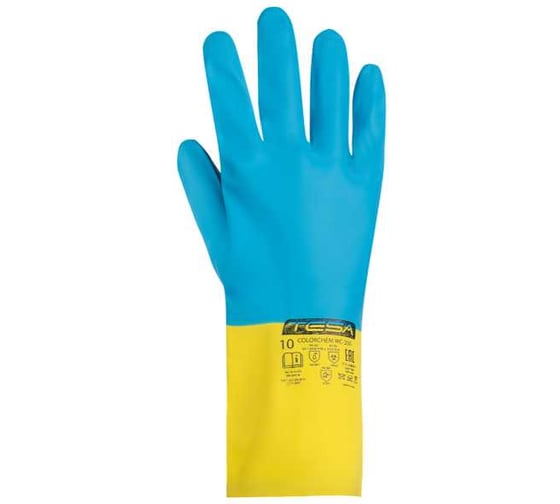 Перчатки ТЕХНОСЭЙФ TESA COLORCHEM WC-200, латекс и неопрен с хлопковым напылением, синий/желтый , 7 31-02-1-205