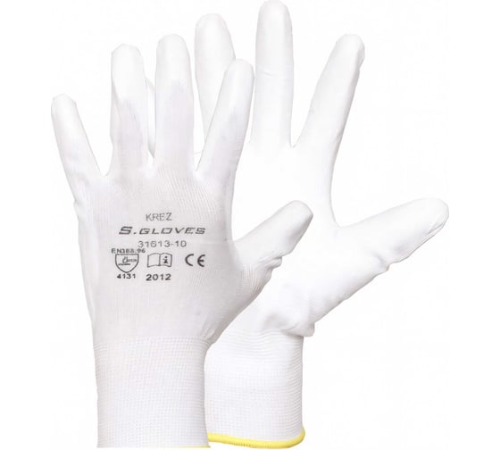 Нейлоновые перчатки с полиуретановым покрытием S. GLOVES KREZ белые, размер 07 31613-07 1