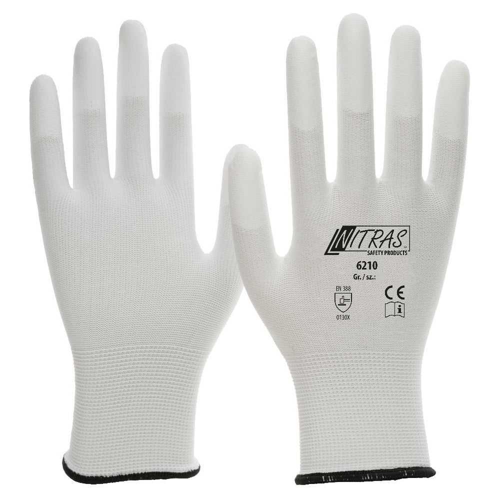 Трикотажные бесшовные перчатки Nitras, белые, ПУ покрытие кончиков ...