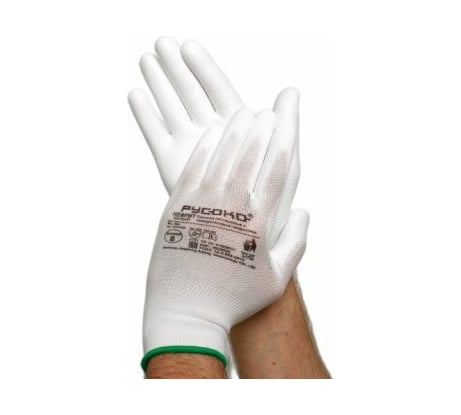 Нейлоновые перчатки с полиуретановым покрытием РУСОКО Нефрит, белые, 12 пар, размер 8/M 224140Б