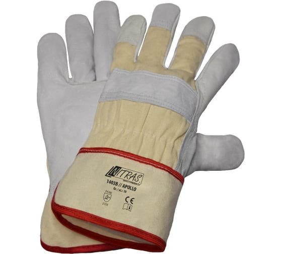 Комбинированные перчатки Nitras белые, кожа КРС В класса, парусина подкладка, крага, р.11 1403B-111 1