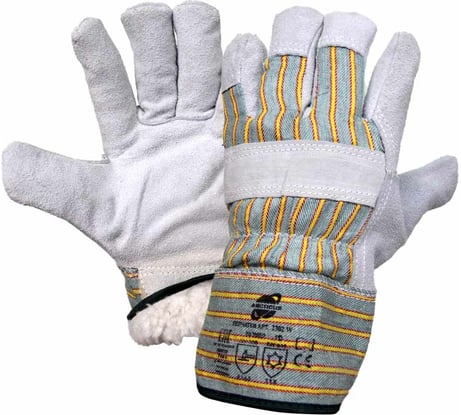 Зимние комбинированные перчатки из говяжьего спилка КРС ARCTICUS серые, АВ класс, с х/б, искусственный белый мех, р.10 2302 W-101