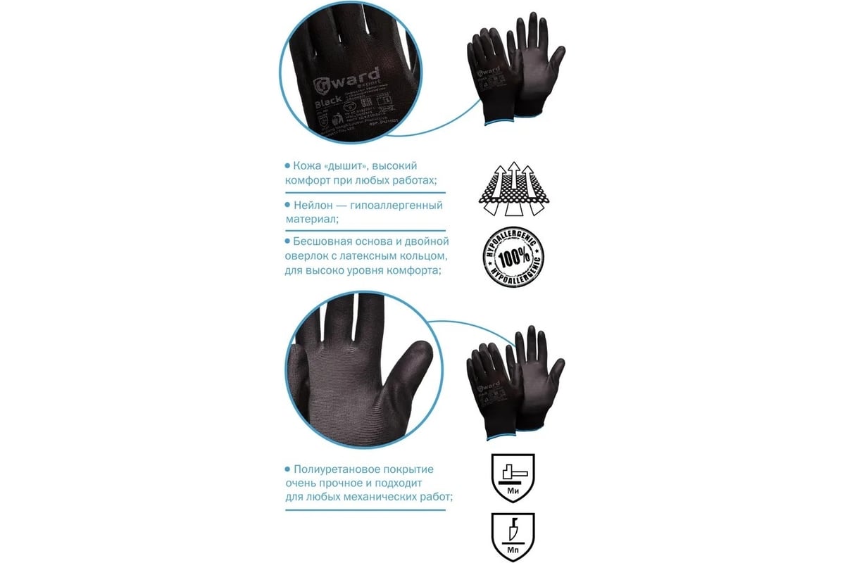 Перчатки для механических работ с полиуретановым покрытием Gward Black ...