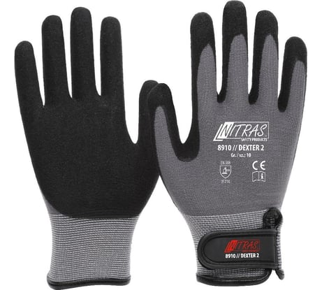 Трикотажные перчатки Nitras латексное рифленое покрытие ладони и пальцев, липучка, 13G, р 10 8910-101