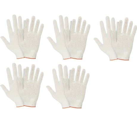 Трикотажные перчатки КОРДЛЕНД хлопок, 5-ти нитка, белые, 5 пар, 10-й класс, M, 39-41 гр, без покрытия PER-00031.5