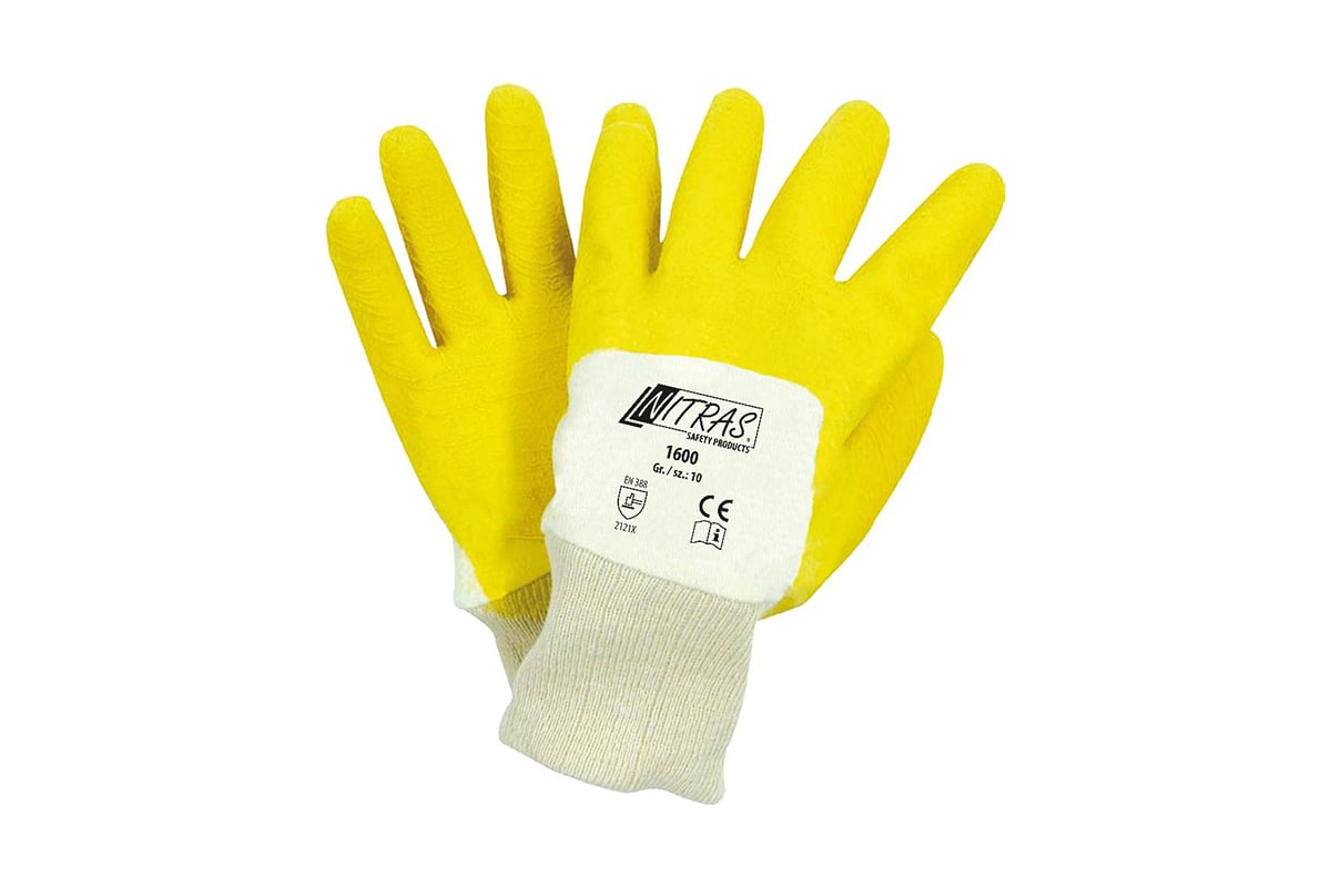 Трикотажные перчатки с латексным желтым рифленым покрытием Nitras р.10 ...