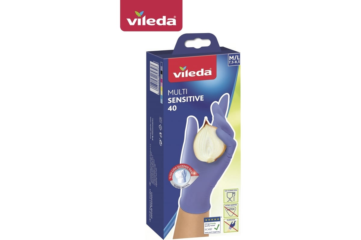 342 58. Перчатки нитриловые ВИЛЕДА. Перчатки Vileda Multi sensitive нитриловые размер m-l , 40шт. Vileda Multi latex перчатки латексные одноразовые 12 шт размер m/l (7,5-8,5). Vileda перчатки одноразовые латексные s/m 10шт+2шт (12) 145943