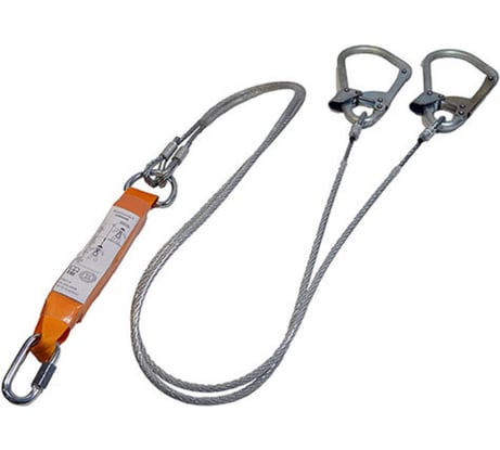 Двойной строп из металлического троса с амортизатором, с двумя большими монтажными и одним соединительным карабином ПРОГРЕСС СЕФЕТИ аБд+Кс исп.3