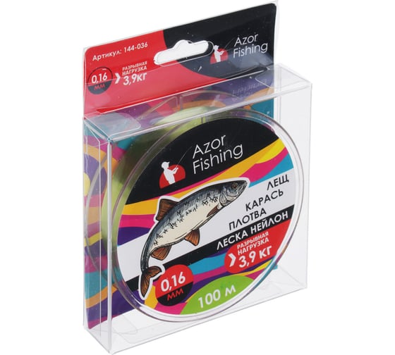 Леска AZOR FISHING Лещ, Карась, Плотва, нейлон, 100м, 0.16мм, 3,9кг, зеленая 144-036