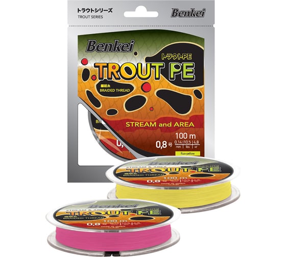 Шнур Benkei Trout PE 100 м, желтый fluo 0.6 0.128 мм, 4.1 кг BTRPE100-FY06