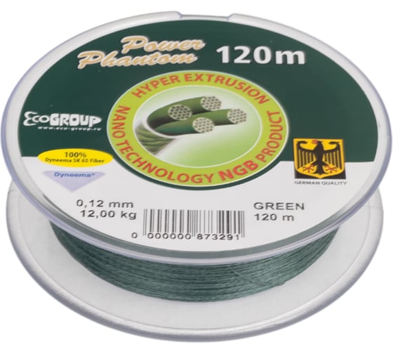 Шнур Power Phantom 4x, 120м, зеленый, 0,12мм, 12кг 2092205_012120