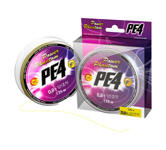 Шнур Power Phantom PE4, 135 м, флуоресцентный желтый, 1,2, 0.18 мм, 8,6кг PPPE4Y13512 1