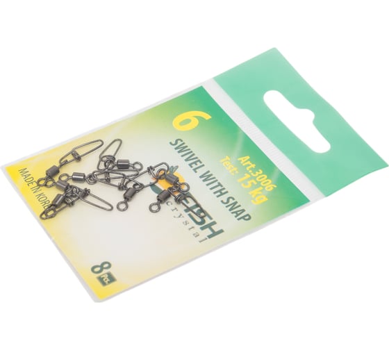Вертлюжок с застежкой FISHCRYSTAL Insurance, №6, 15 кг, 8 шт 3006-06F
