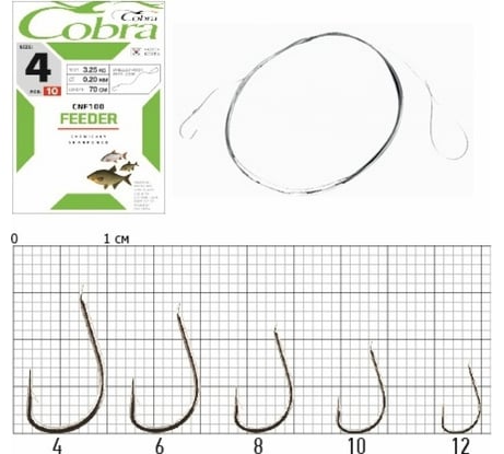 Крючки COBRA FEEDER 70см, 0,14мм, размер 10, с поводком, 10шт, CNF100-010