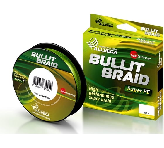 Плетёный шнур ALLVEGA Bullit Braid 135м, флуо-жёлтый, 0.16мм, 10.2кг BB135Y16 1