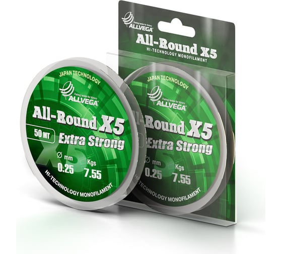 Монофильная прозрачная леска ALLVEGA All-Round X5 50м, 0.25мм, 7.55кг LAR5025 1