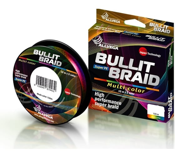Плетёный шнур ALLVEGA Bullit Braid 150м, мультиколор, 0.12мм, 7.1кг BB150MC12