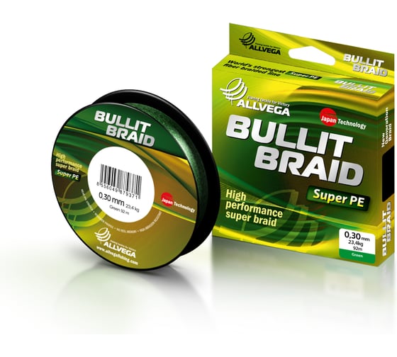 Плетеный шнур ALLVEGA Bullit Braid, 92 м, темно-зеленый, 0.30 мм, 23.4 кг BB92GR30