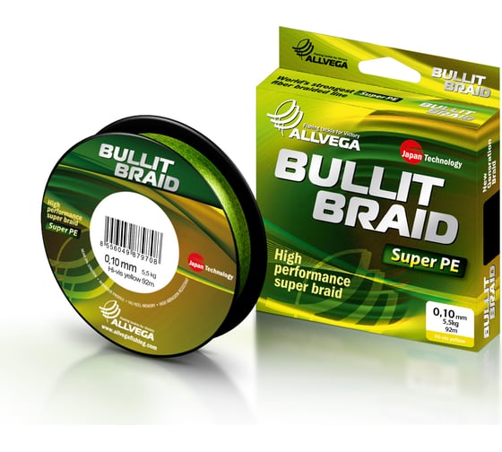 Плетеный шнур ALLVEGA Bullit Braid, 92 м, флуо-желтый, 0.10 мм, 5.5 кг BB92Y10