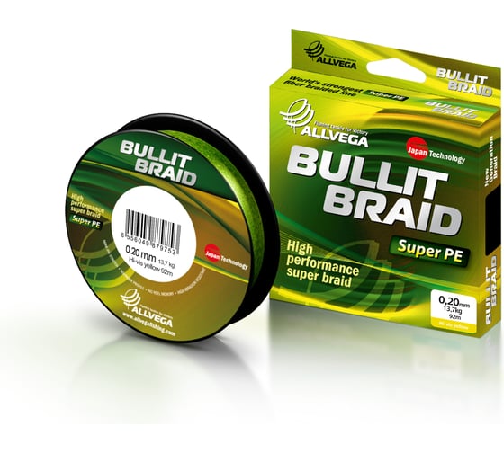 Плетеный шнур ALLVEGA Bullit Braid, 92 м, флуо-желтый, 0.20 мм, 13.7 кг BB92Y20 1
