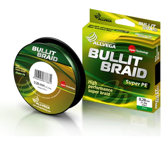 Плетеный шнур ALLVEGA Bullit Braid, 270 м, темно-зеленый, 0.28 мм, 21.3 кг BB270GR28